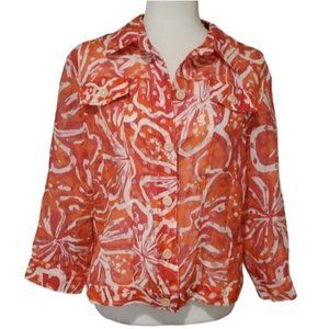 Linear Tropical Print Top Button Down Long Sleeve Sheer Blazer Size Md